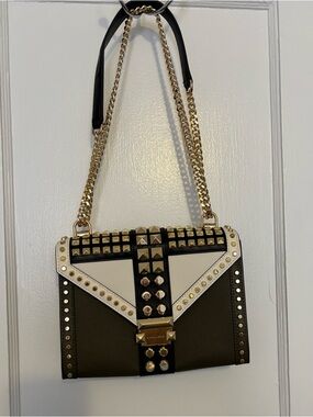Micheal Kors Stud-Accented Green Black & White Shoulder Bag